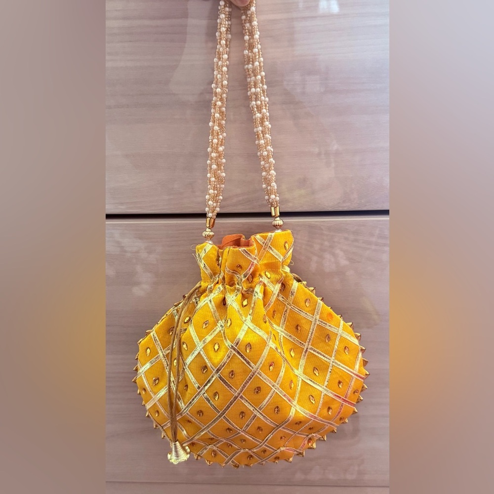 Yellow Gold Mini Evening Bag with Studded Texture and Chain Strap